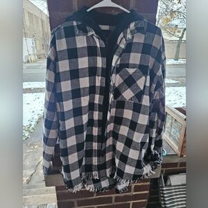 Plaid Long Sleeve Women's Hooded Top - Black and White